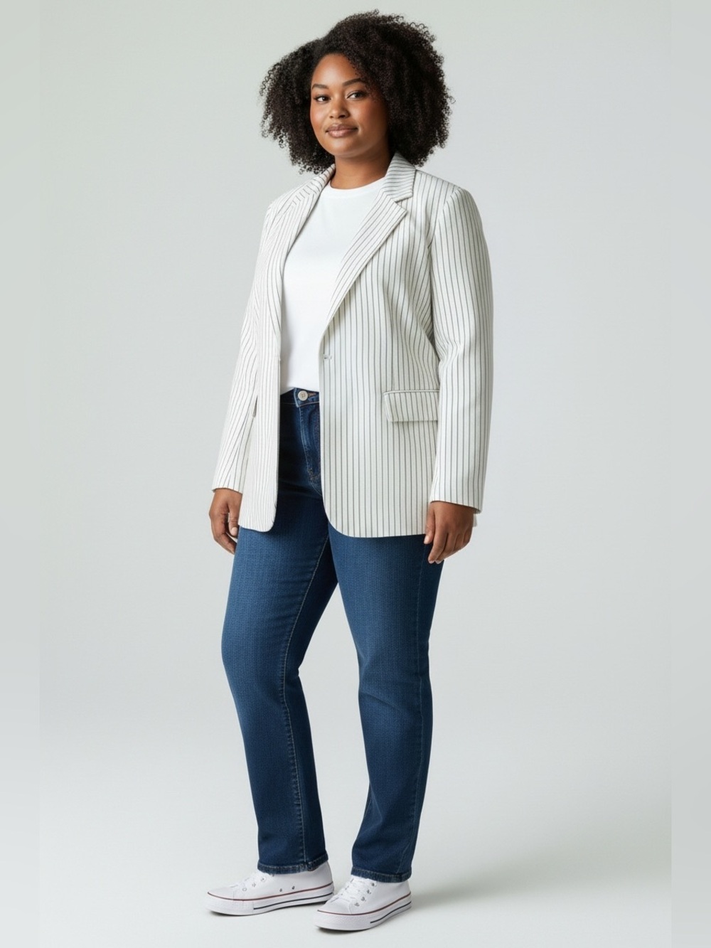 French Connection white Blazer with black pin stripes.